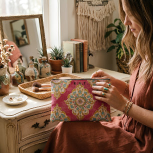 Bolsa de maquillaje monograma damasco rosa vintage
