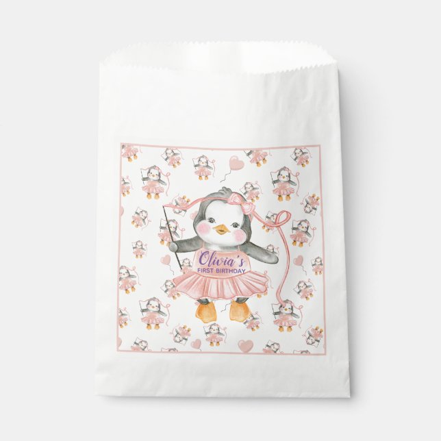 Bolsa De Papel 1.ᵉʳ cumpleaños Ballerina Pingüino Rosa (Anverso)