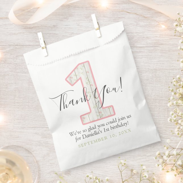 Bolsa De Papel 1.ᵉʳ Cumpleaños Rústico Shabby Chic Pink Floral Fi (Cortado)