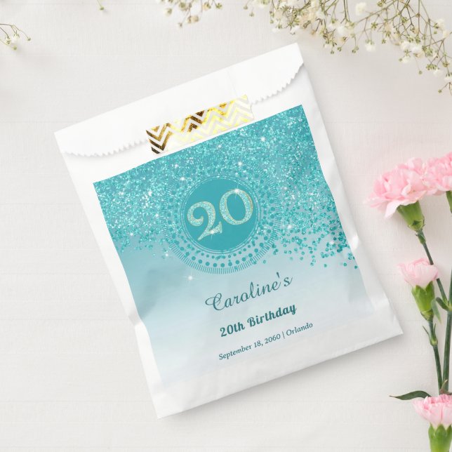 Bolsa De Papel 20th Birthday | Sparkling Teal Blue Gold Glitter (Sellado)
