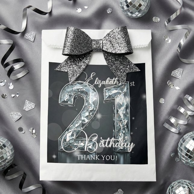 Bolsa De Papel 21st Birthday Silver Diamonds Glam Black Thank You (Subido por el creador)