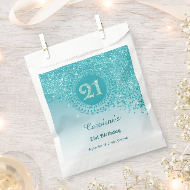 Bolsa De Papel 21st Birthday | Sparkling Teal Blue Gold Glitter (Cortado)