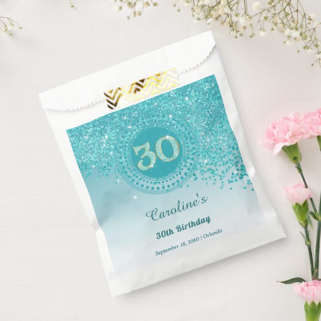Bolsa De Papel 30th Birthday | Sparkling Teal Blue Gold Glitter (Sellado)