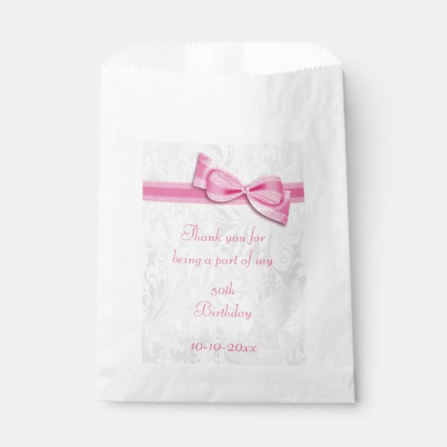 Bolsa De Papel 50.º cumpleaños Damask y Faux Bow (Anverso)