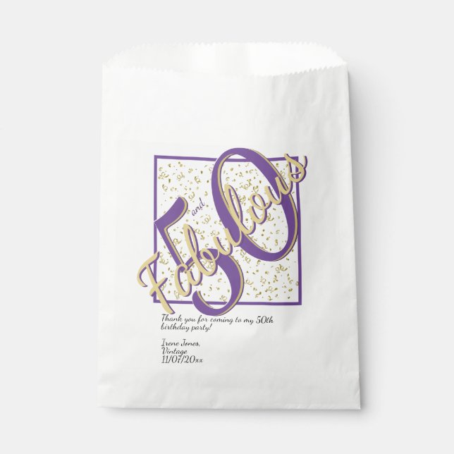 Bolsa De Papel 50 y Fabuloso cumpleaños Purple/Gold Fancy Script (Anverso)