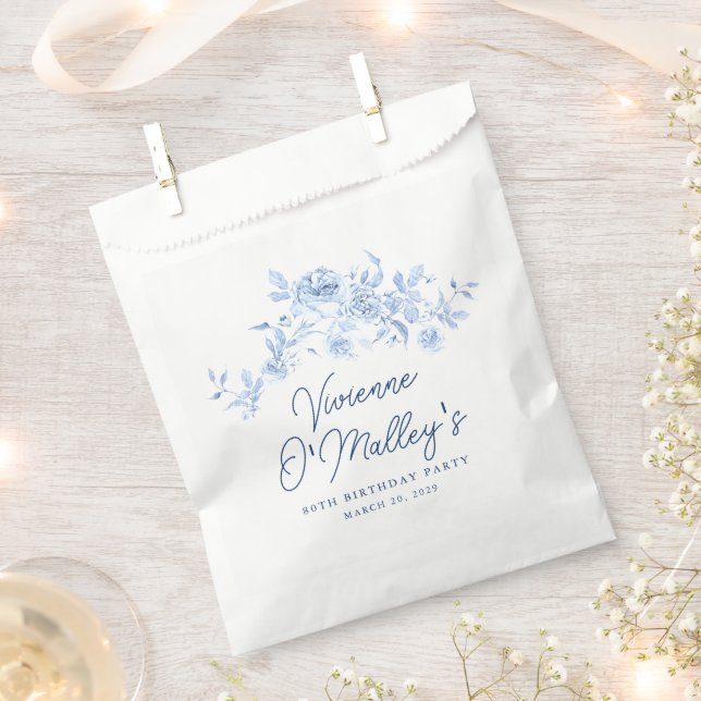 Bolsa De Papel 80th Birthday Party Dusty Blue Rose Floral Custom (Cortado)