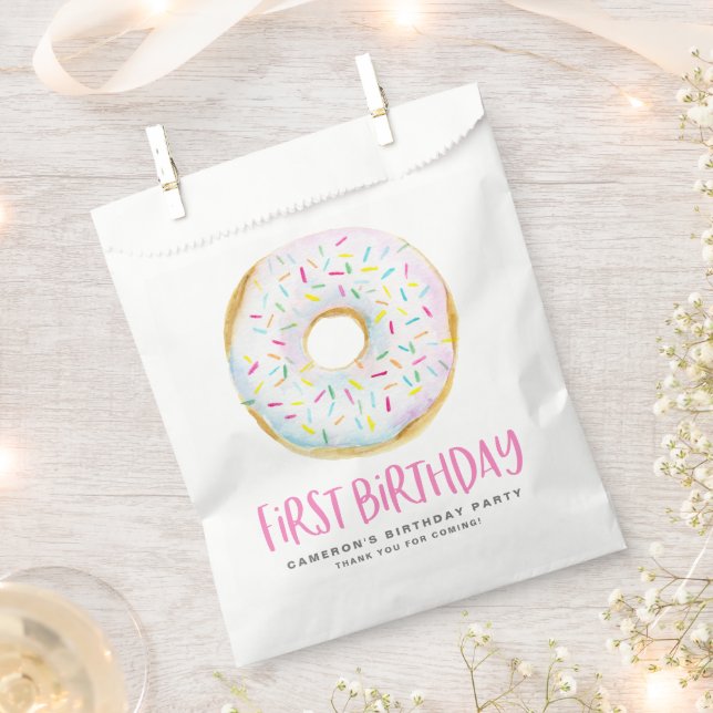 Bolsa De Papel Acuarela Blanca Ruptura Donut Primer Cumpleaños (Cortado)