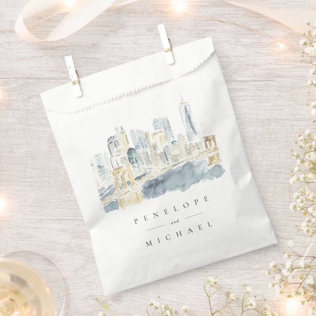 Bolsa De Papel Acuarela Nueva York Boda del Skyline (Cortado)