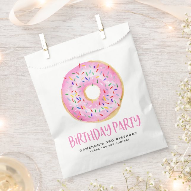 Bolsa De Papel Acuarela Rosado Rasplante Glazado Donut Cumpleaños (Cortado)