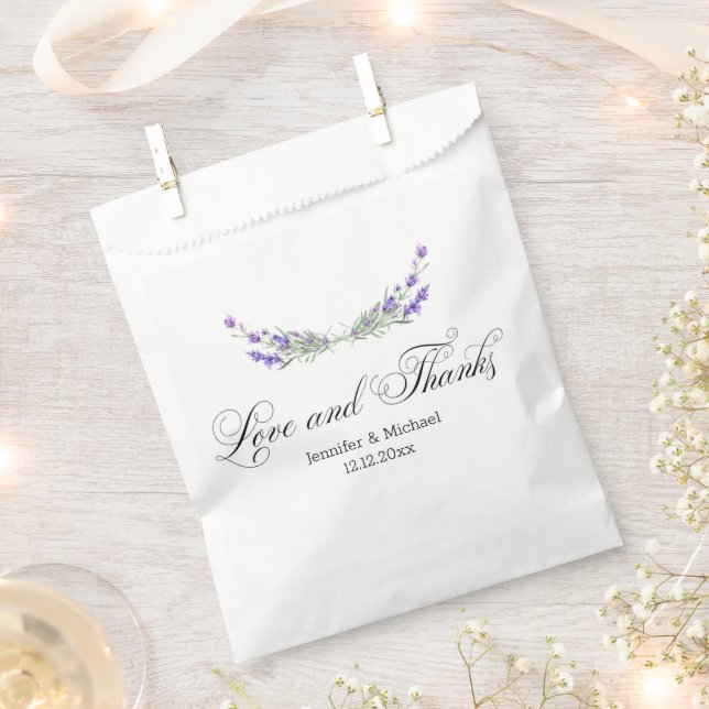 Bolsa De Papel amor y gracias, boda de lavanda púrpura acuarela (Cortado)