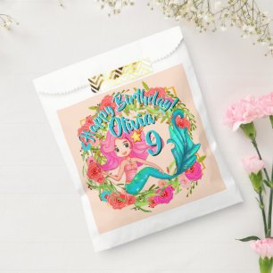 Bolsa De Papel Añadir nombre edad Pink Mermaid Blue Tail Birday P