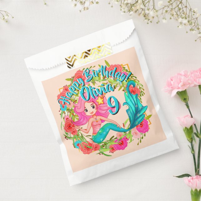 Bolsa De Papel Añadir nombre edad Pink Mermaid Blue Tail Birday P (Sellado)