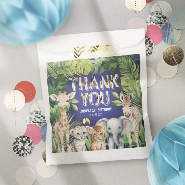 Bolsa De Papel Animales de la selva del Safari Azul de la Marina, (Navy Blue, Jungle animals themed, wild one 1st birthday favor bags)