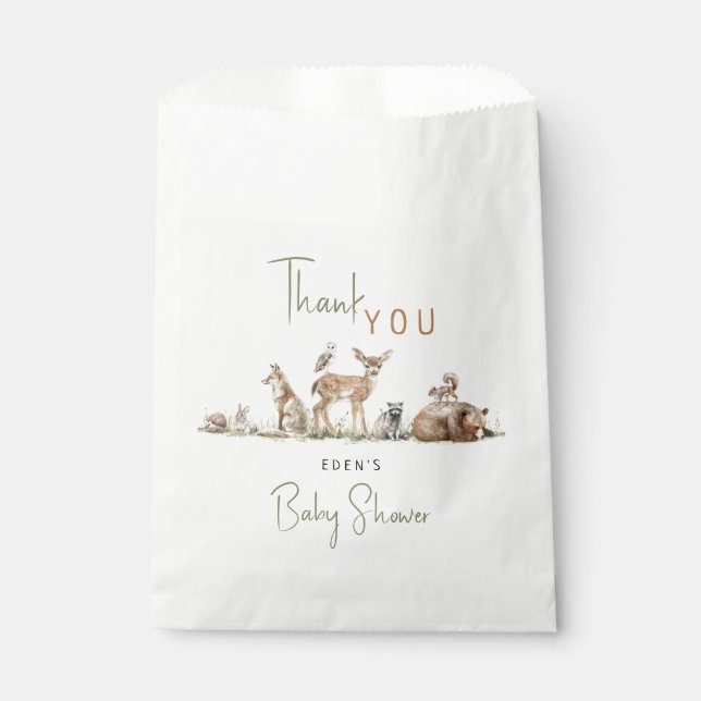 Bolsa De Papel Animales de Woodland Baby Shower Con Nombre Gracia (Anverso)