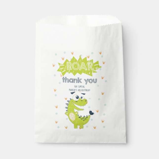 Bolsa De Papel Aniversario de los dinosaurios verdes ROAR Gracias (Anverso)
