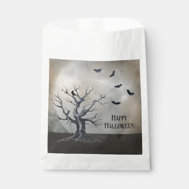 Bolsa De Papel Árbol de Halloween con raven y murciélagos (Anverso)