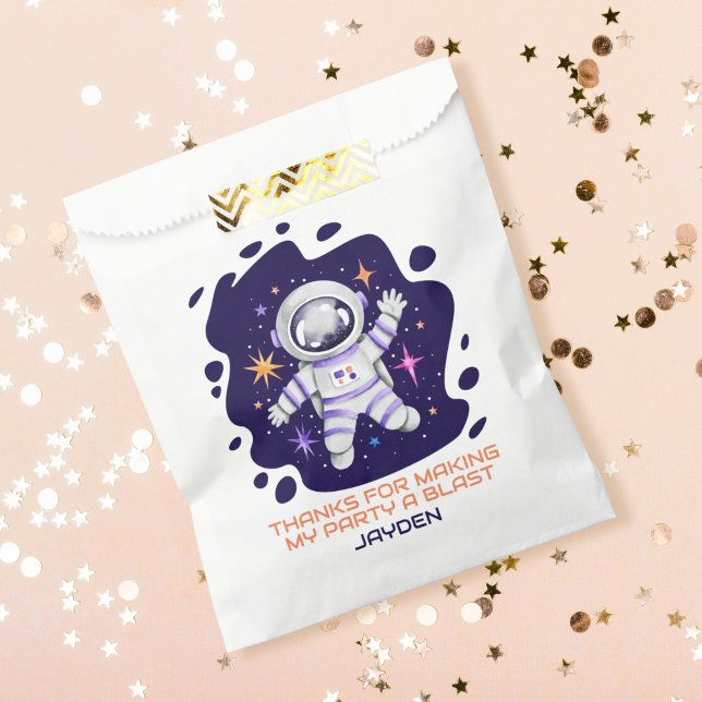 Bolsa De Papel Astronauta en el espacio ultraterrestre con estrel (Astronaut in Outer Space with Stars First Birthday Favor Bag)