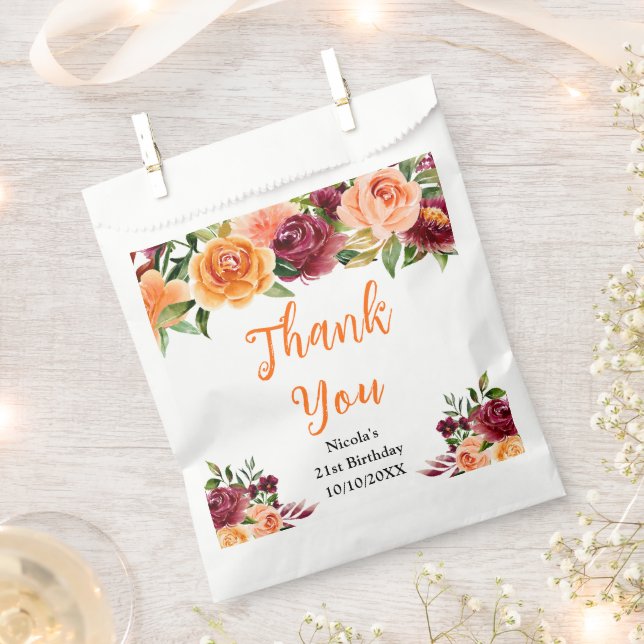 Bolsa De Papel Autumn Burgundy and Orange Birthday Thank You (Cortado)