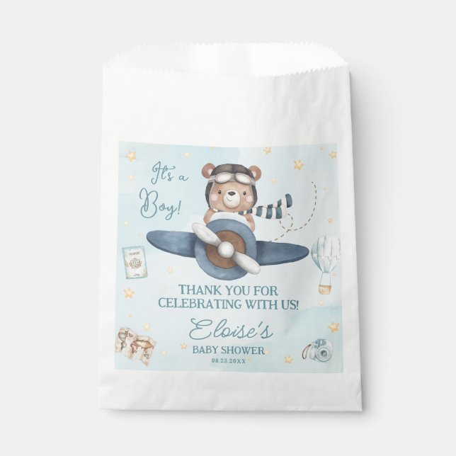 Bolsa De Papel Aventura Cute Oso Azul Plano Oh Boy Baby Shower (Anverso)