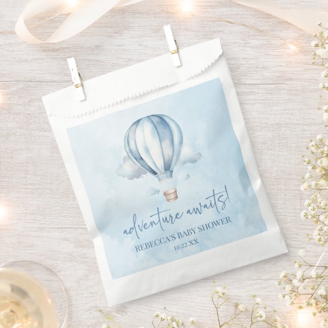 Bolsa De Papel ¡Aventura espera! Baby Shower Blue Hot Air Balloon (Cortado)