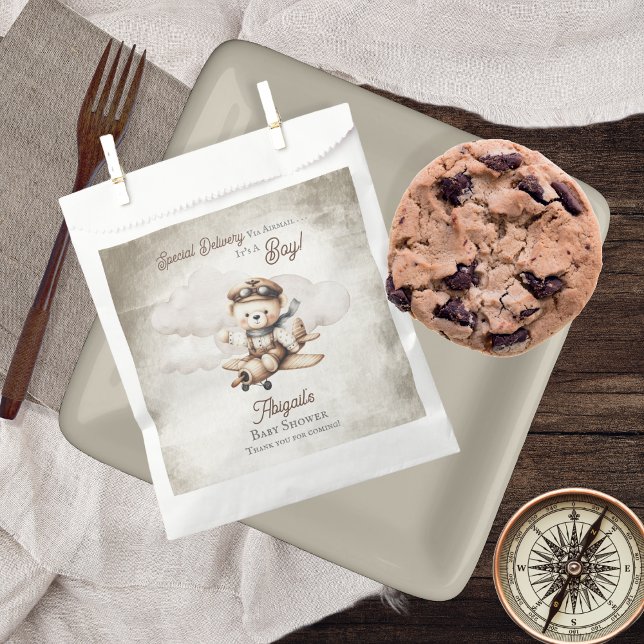 Bolsa De Papel Avión Teddy Bear entrega especial Baby Shower (Cute "Special Delivery Via Airmail . . . It's A Boy!" Teddy Bear | Airplane Baby Shower Favor Bags)
