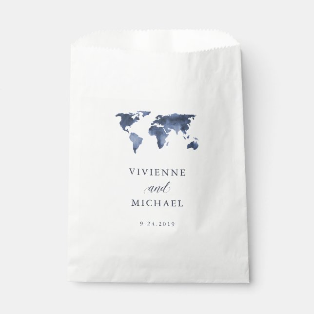 Bolsa De Papel Azul acuático | Boda de Mapa Mundial (Anverso)