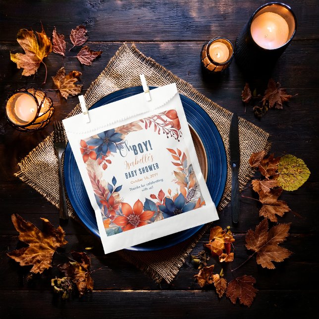Bolsa De Papel Azul | Terracota Oh Boy Fall Floral Baby Shower (Boho Blue and Terracotta Fall |  Autumn Floral "Oh Boy!" Baby Shower Favor Bags)