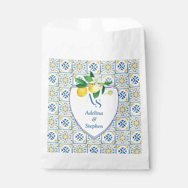 Bolsa De Papel Azulejos mediterráneos azules Italia Escudo Boda d (Anverso)