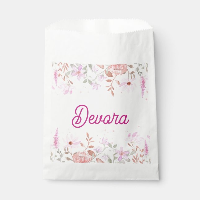 Bolsa De Papel Bab mitzva rosa floral servilleta con nombre (Anverso)