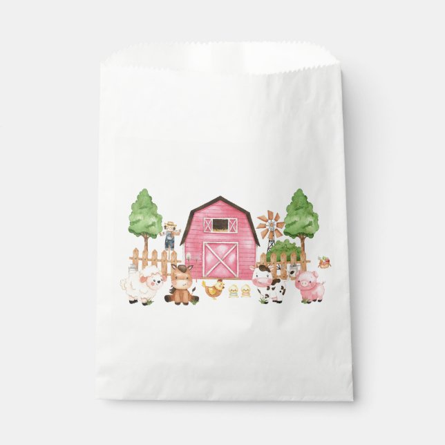 Bolsa De Papel Baby Shower de animales de granja rosa (Anverso)