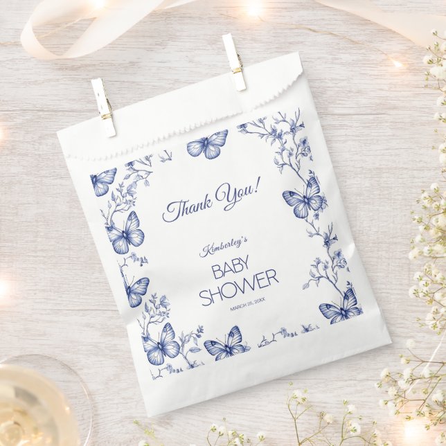 Bolsa De Papel Baby Shower de mariposa de Chinoiserie azul (Cortado)