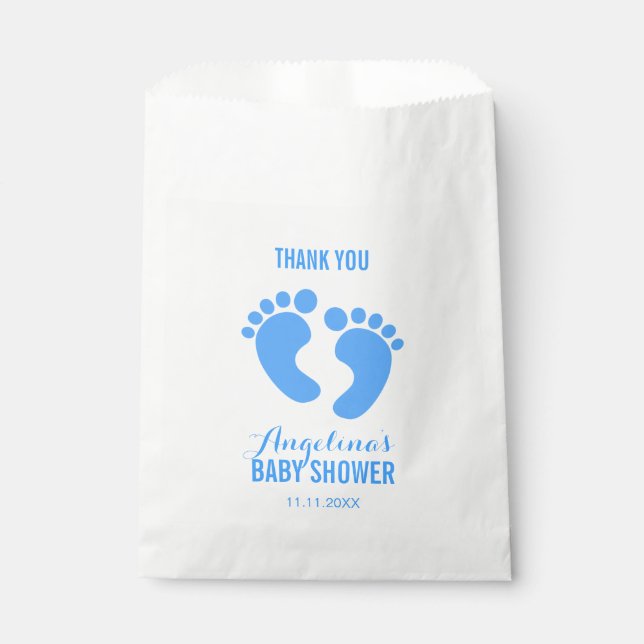 Bolsa De Papel Baby Shower de niño pequeño y azul con pies de beb (Anverso)