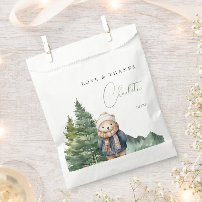 Bolsa De Papel Baby Shower de oso forestal invernal (Cortado)