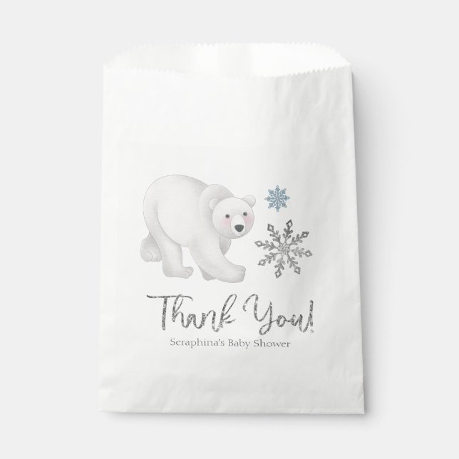 Bolsa De Papel Baby Shower de oso polar con copo de nieve de plat (Anverso)