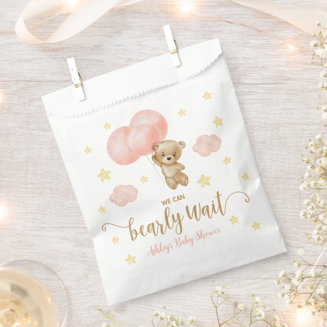 Bolsa De Papel Baby Shower de Teddy Bear and Pink Balloons (Cortado)