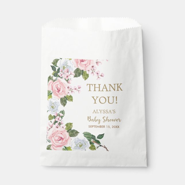 Bolsa De Papel Baby Shower Floral blanca rosa Gracias (Anverso)