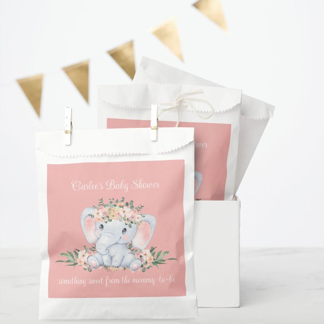 Bolsa De Papel Baby Shower Floral Rosa Cute Elephant Gracias (Pink Floral Cute Elephant Baby Shower Favor Bags or Goodie Bags for Thank You Gifts)