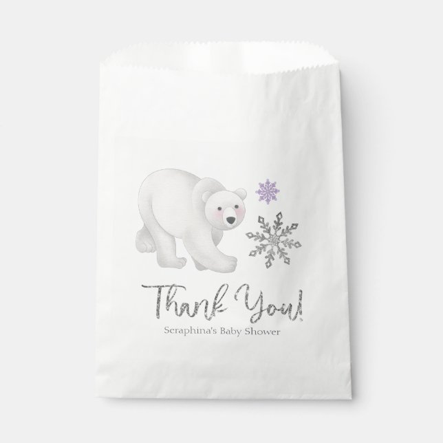 Bolsa De Papel Baby Shower Morado Snowflake Polar Bear Gracias (Anverso)