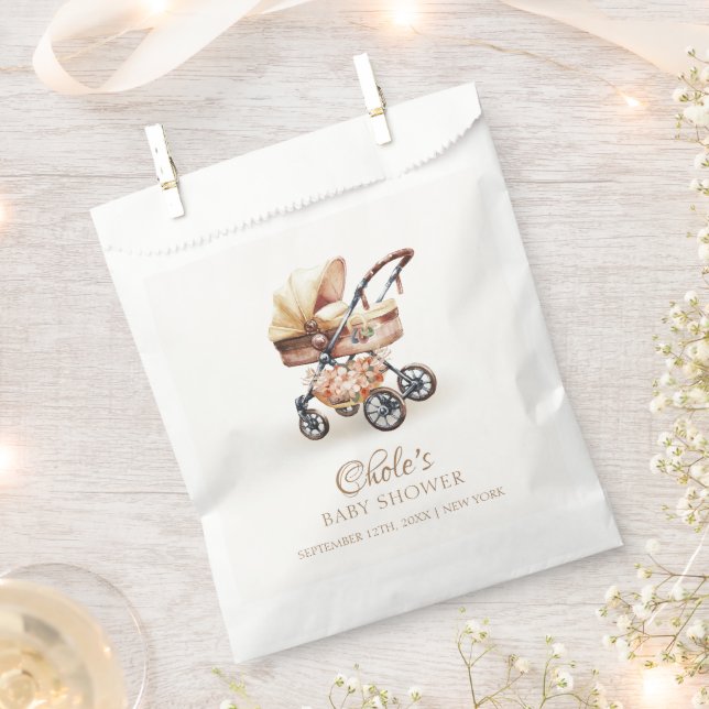 Bolsa De Papel Baby Shower Neutral Boho Floral Stroller de Género (Cortado)
