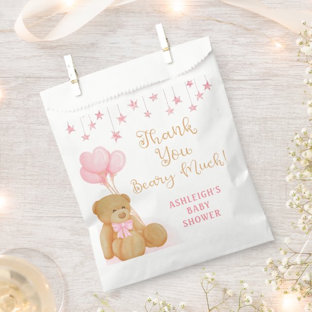 Bolsa De Papel Baby Shower Teddy Bear Pink Stars Gracias (Cortado)