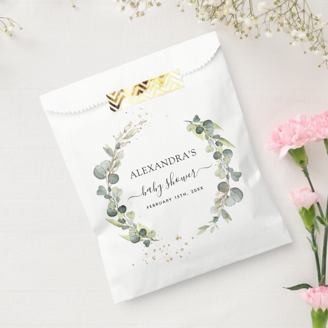 Bolsa De Papel Baby Shower Verde Eucalipto Boho Rústico (Sellado)