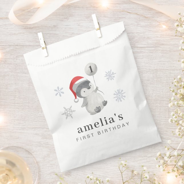 Bolsa De Papel Balón Pingüino Primer Cumpleaños (Cortado)