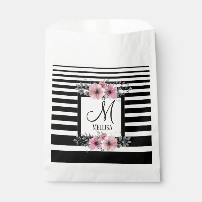 Bolsa De Papel Bandas negras y blancas monograma floral rosa (Anverso)