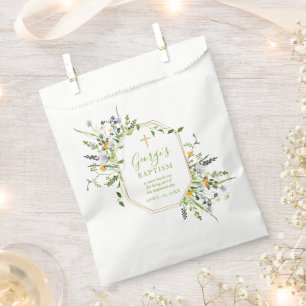Bolsa De Papel Baptism Gold Cross wildflowers Favor Bags