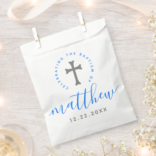 Bolsa De Papel Baptismo azul Christening Naming Cross (Cortado)