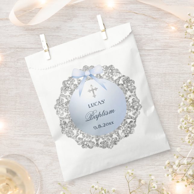 Bolsa De Papel Baptismo de armazón azul de Purpurina plateado (Cortado)
