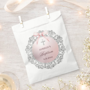 Bolsa De Papel Baptismo de armazón rosado con marco Purpurina pla