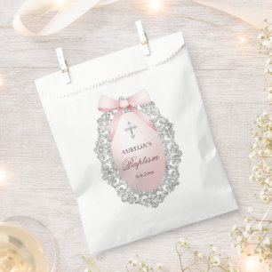 Bolsa De Papel Baptismo de armazón rosado con Purpurina Oval Silv