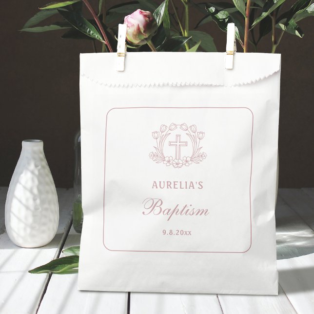 Bolsa De Papel Baptismo simple de la cruz rosa floral (Subido por el creador)