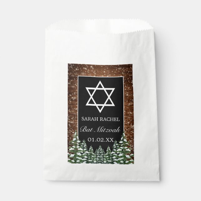 Bolsa De Papel Bat Mitzvah de Black Snowy Wood & Forest Pine Bar (Anverso)